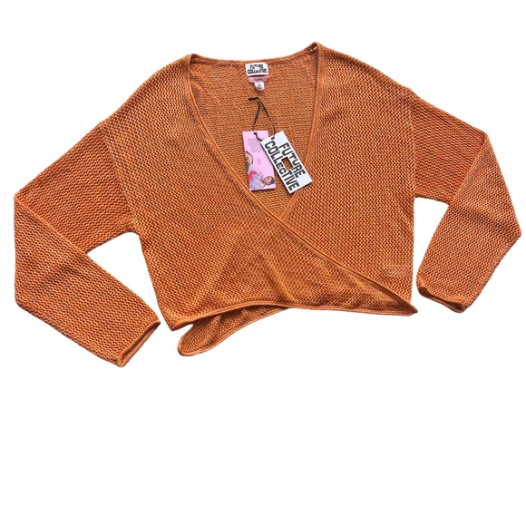 ALANI NOELLE FUTURE COLLecTIVE Women 1X Orange Metallic Crop Open Knit Cardigan - Picture 4 of 16